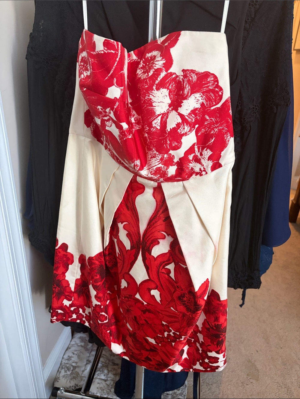Tibi Cream Strapless Dress with Red Floral Print